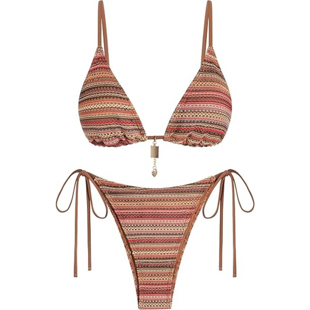 NWT Zaful Pink Brown Knit Two-Piece Swim Bathing Suit Bikini Set Women's Size XL